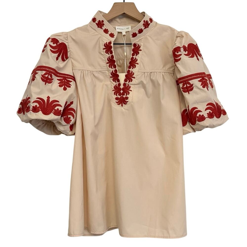 Entro Good Afternoon Blouse Sz L Cream Rust Red Embroidered Puff Sleeve Boho NWT - Picture 2 of 9